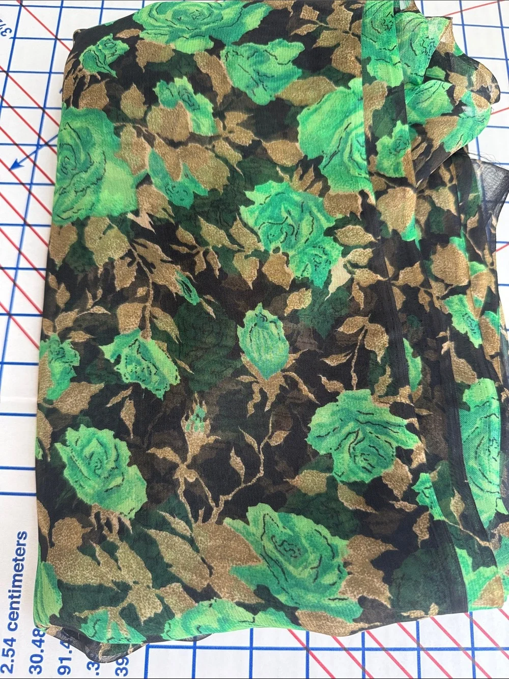 Vintage 70s Sheer Floral Fabric 4 Yards Green Roses Black Gold Flowy 42”